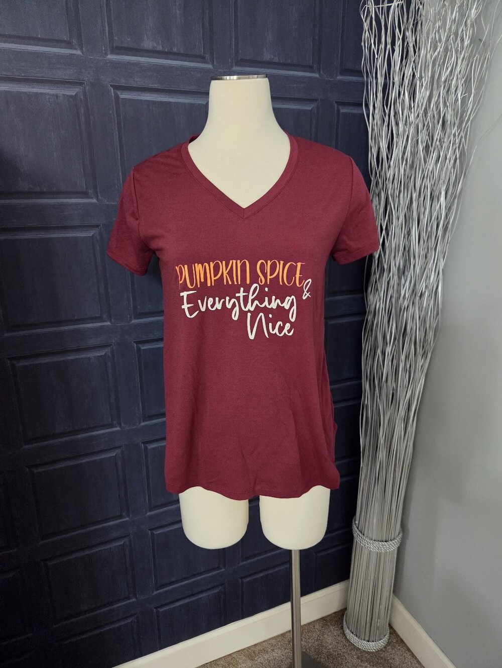 Freshman Burgundy V-Neck Tee with Pumpkin Spice Graphic